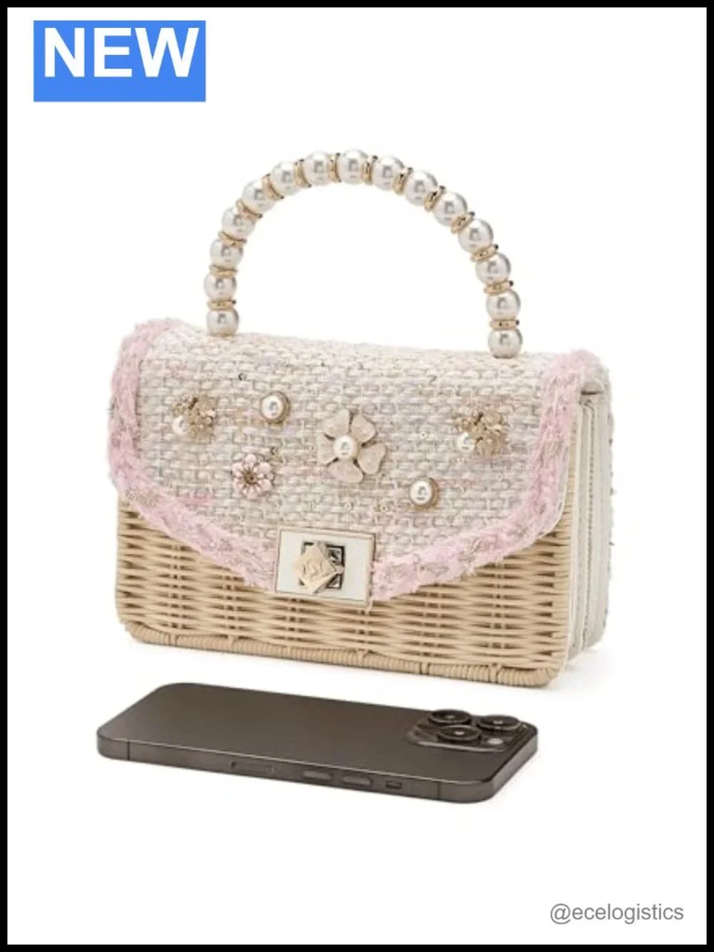Woven Rattan Crossbody Bag Floral Embellished Twist Lock Adjustable Strap
